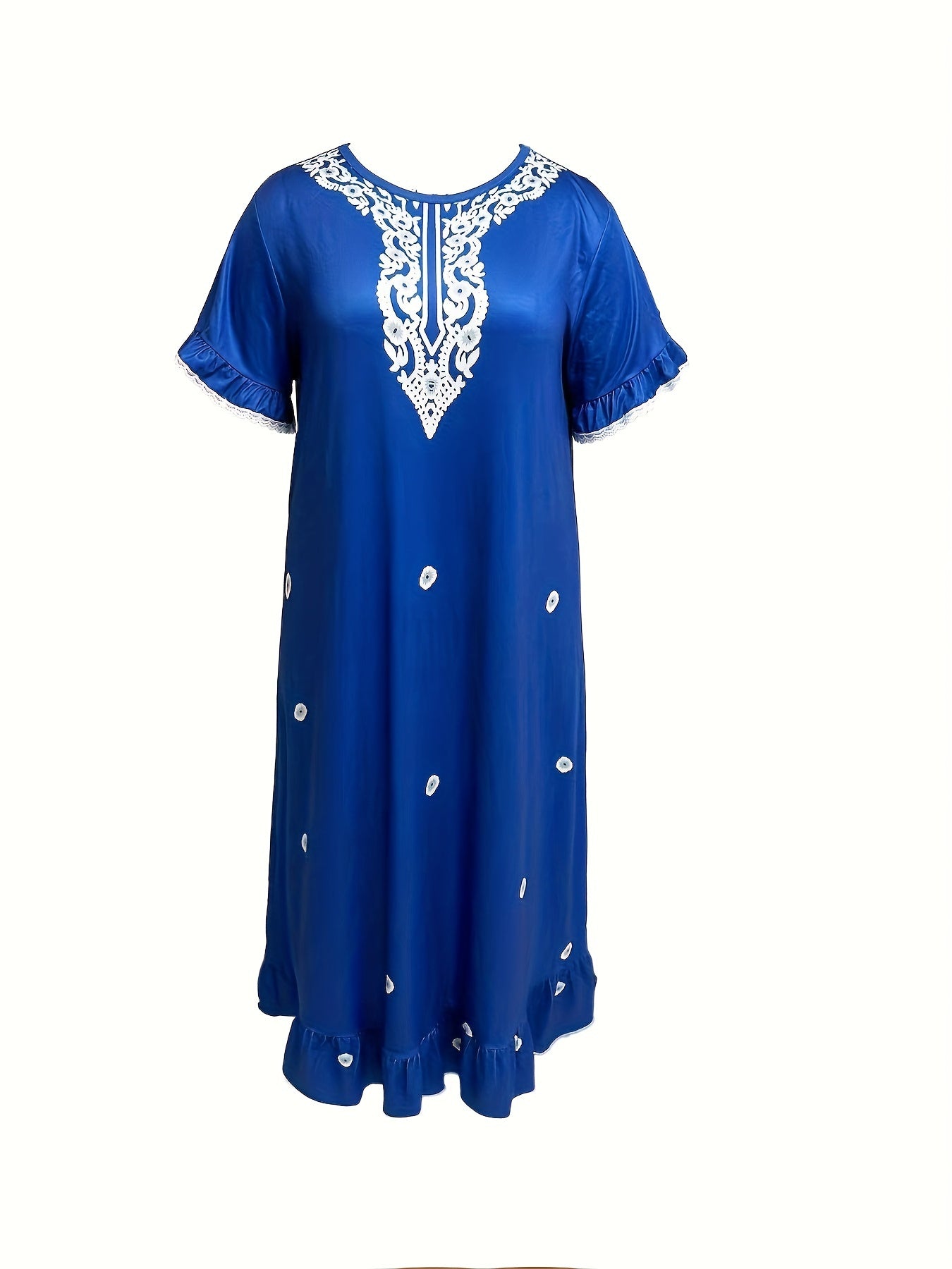 Floral Print Ruffle Lace Trim Lounge Dress Plus Size