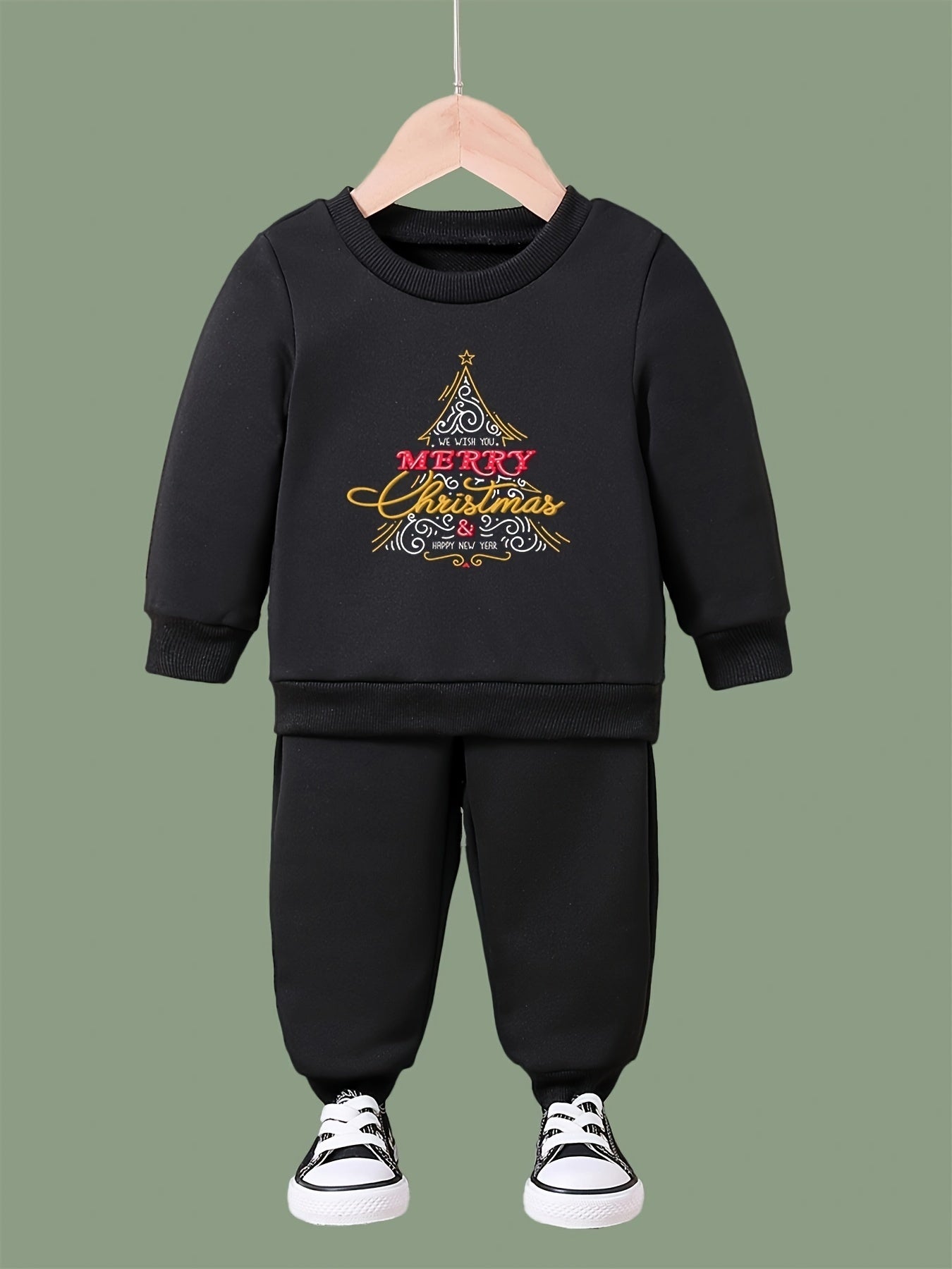 Cartoon Christmas Tree Crew Neck Sweatshirt & Sweatpants Set for Girls