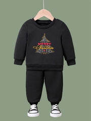 Cartoon Christmas Tree Crew Neck Sweatshirt & Sweatpants Set for Girls