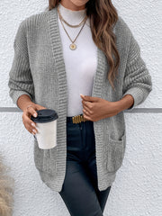 Solid Long Sleeve Open Front Cardigan With Pockets