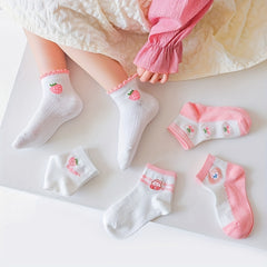 5 Pairs Girls Casual Rabbit Strawberry Print Socks for Summer and Spring