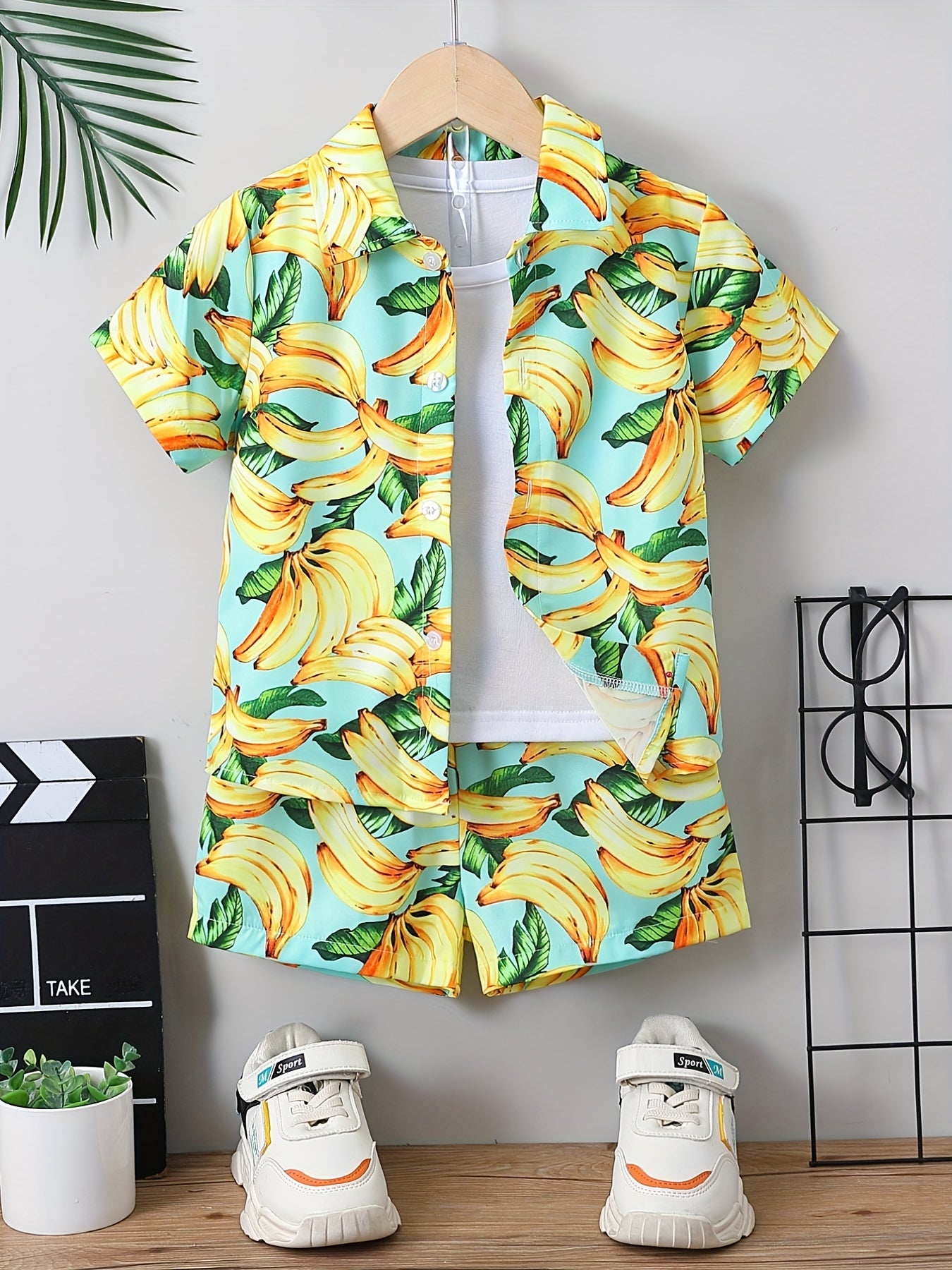 Boys Banana Print Shirt & Shorts Set Summer Kids