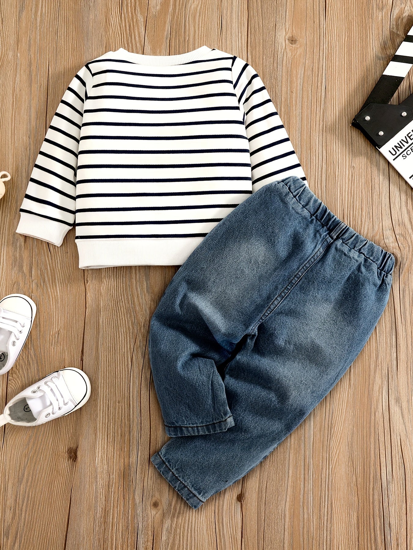 2pcs Baby Boy Elephant Embroidery Plaid Sweatshirt & Elastic Denim Pants Set