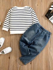 2pcs Baby Boy Elephant Embroidery Plaid Sweatshirt & Elastic Denim Pants Set