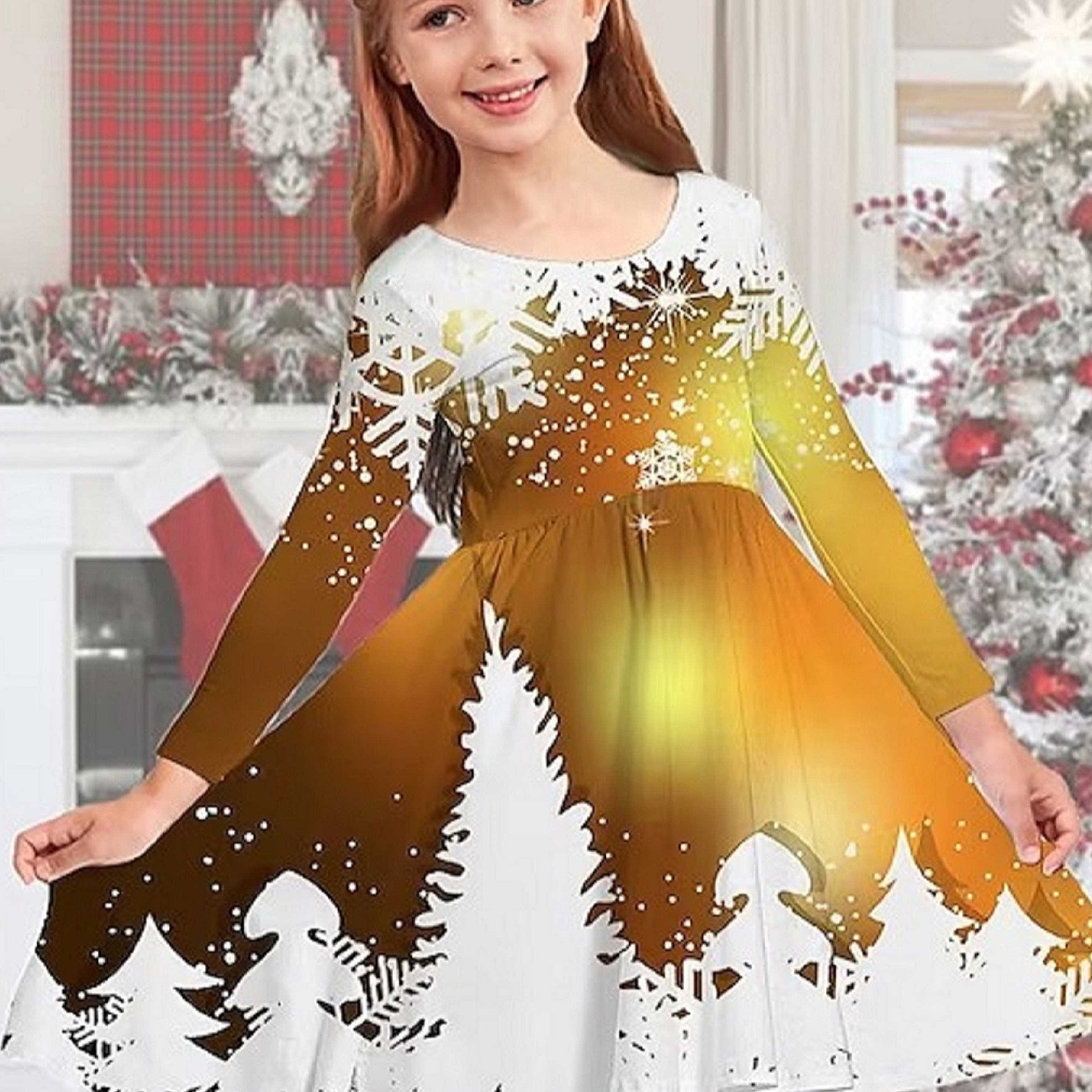 Christmas Night Graphic Long Sleeve Dress Girls Crew Neck Dresses