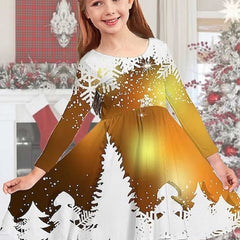 Christmas Night Graphic Long Sleeve Dress Girls Crew Neck Dresses