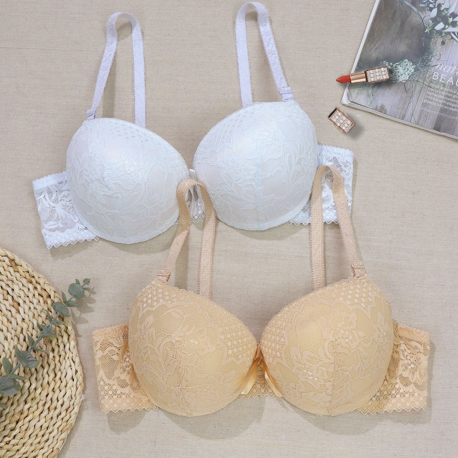 Contrast Lace Push Up Bras Comfy & Breathable Lifting Anti Sagging Bra