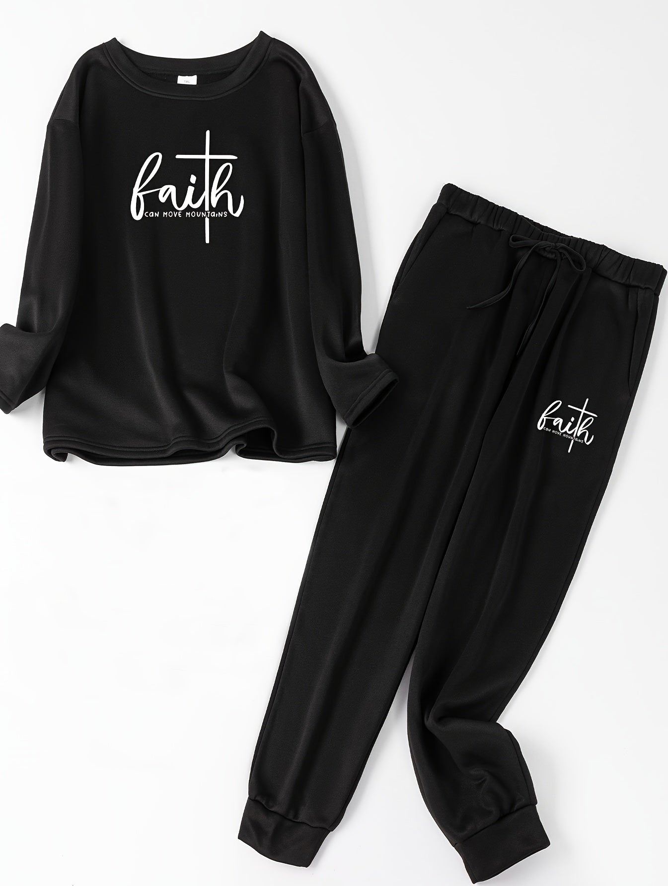 Cross Letter Print Fleece Top & Joggers Pajamas Set