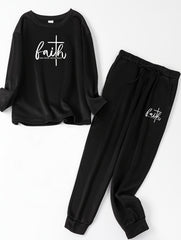 Cross Letter Print Fleece Top & Joggers Pajamas Set