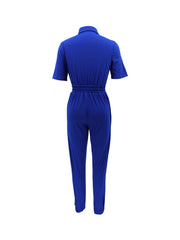 Solid Crop Sleeve Blouse Collar Fitted Tie Women Leisure Cargo Jumpsuit