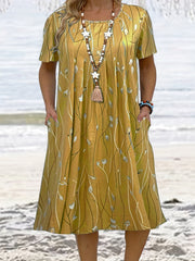 Leaf Print Short Sleeve Casual Dress With Pockets