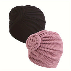 2pcs Twist Pleated Turban Cap Embossed Elastic Bonnet Chemo Beanies