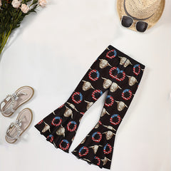 Girls Sunflower & Bull Head Flare Pants Elastic Waist Trousers