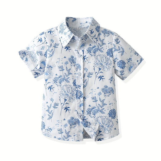 Boys Flower & Leaf Print Short Sleeves Shirt for Spring & Summer