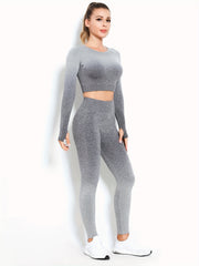 Ombre Hollow Out Long Sleeve Top & Leggings Set, Women's Activewear