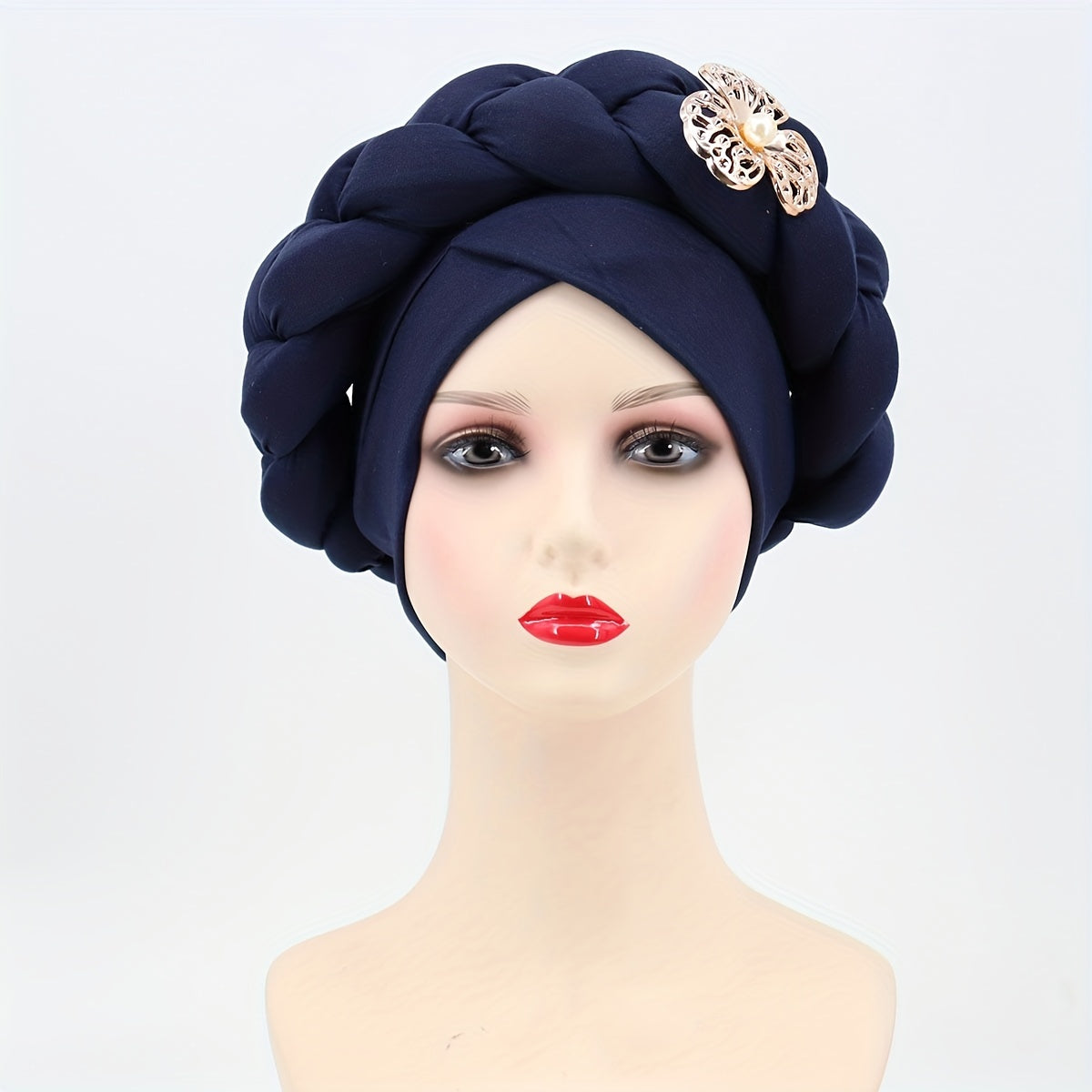 Oversized Braided Turban Cap Faux Pearl Flower Decor Head Wrap