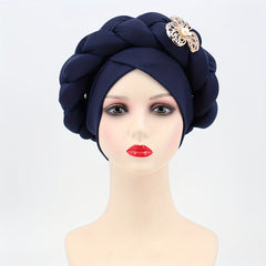 Oversized Braided Turban Cap Faux Pearl Flower Decor Head Wrap