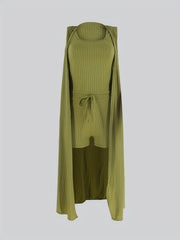 Casual 3pc Set: Sleeveless Coat, Cami Top & Drawstring Shorts