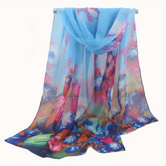 Vintage Gradient Chiffon Scarf Boho Flower Print Breathable Gauze Shawl