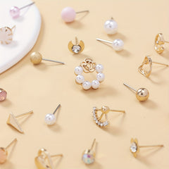 30 Pairs Faux Pearl Leaf Moon Pattern Zircon Earrings Set for Women Girls