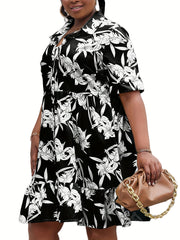 Women's Plus Floral Print Button Up Long Sleeve Shirt Dress