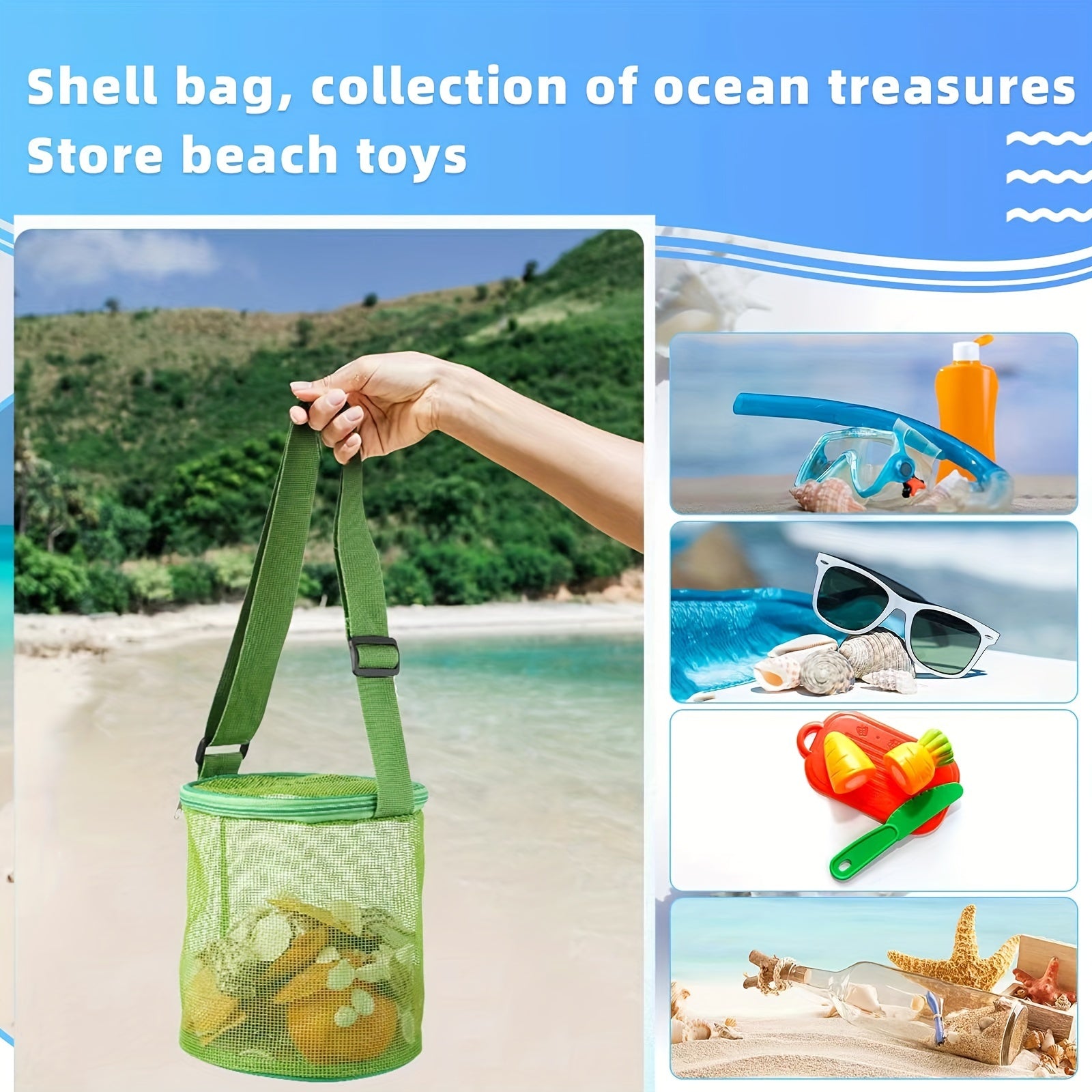 4pcs Beach Toys Mesh Bag Shell Collecting Bag Adjustable Straps Zipper