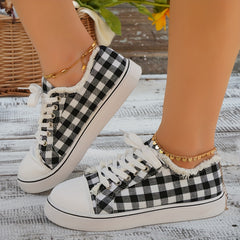 Plaid Canvas Sneakers Round Toe Lace-Up Low Top Shoes