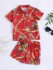 Boys 2pcs Metal Chain Print Outfit Short Sleeves Button Down Shirt & Shorts