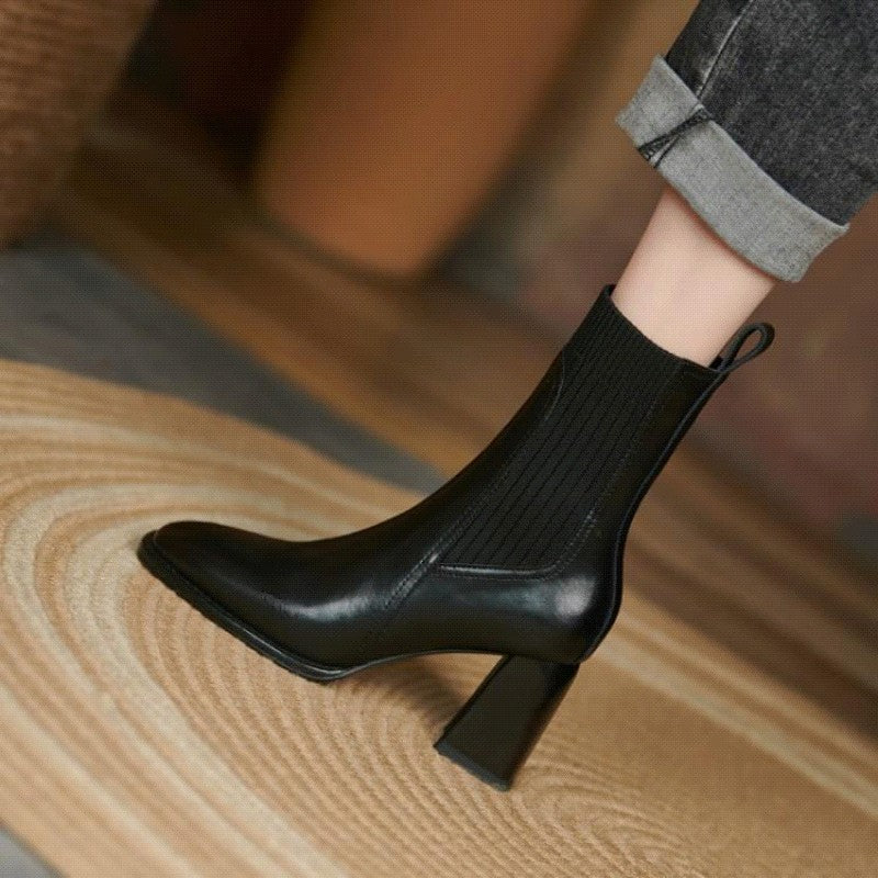 Square Toe Mid Calf Chunky Heeled Boots