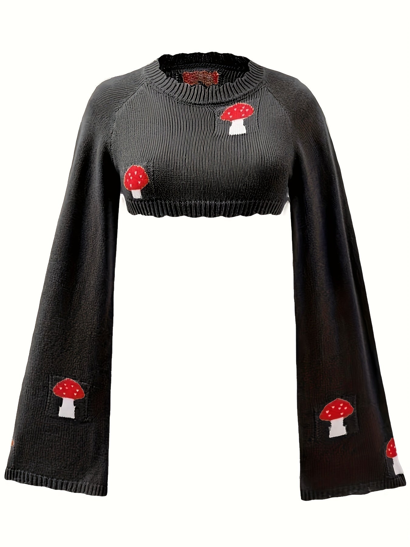 Mushroom Pattern Crew Neck Sweater Casual Long Sleeve Crop Sweater