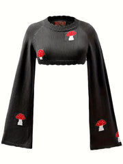 Mushroom Pattern Crew Neck Sweater Casual Long Sleeve Crop Sweater