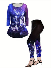 Ombre & Butterfly Print Long Sleeve Top & Leggings Set