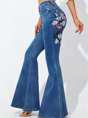 Floral Embroidery Flare Leg Jeans Medium Wash