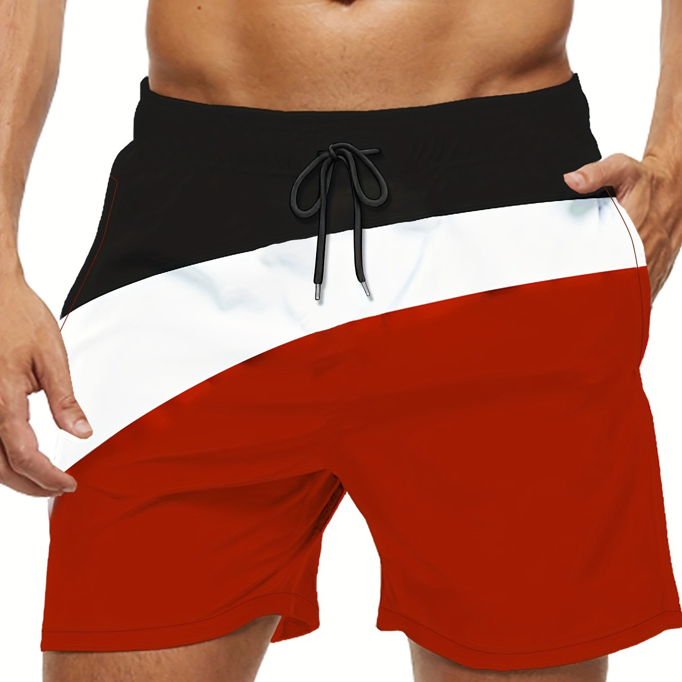 Block Pattern Print Men's Swim Trunks Quick Dry Drawstring Beach Shorts