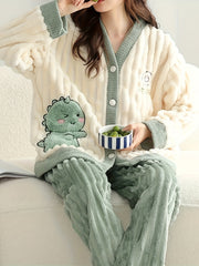 Cartoon Print Plush Pajamas Soft & Warm Women's Sleepwear