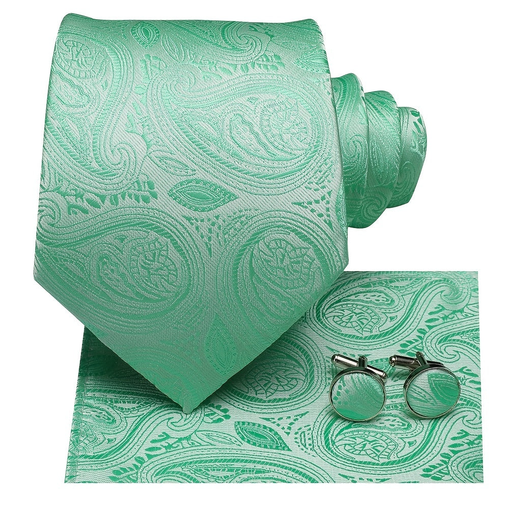 Paisley Silk Tie Set Jacquard Woven Necktie Hanky Cufflinks