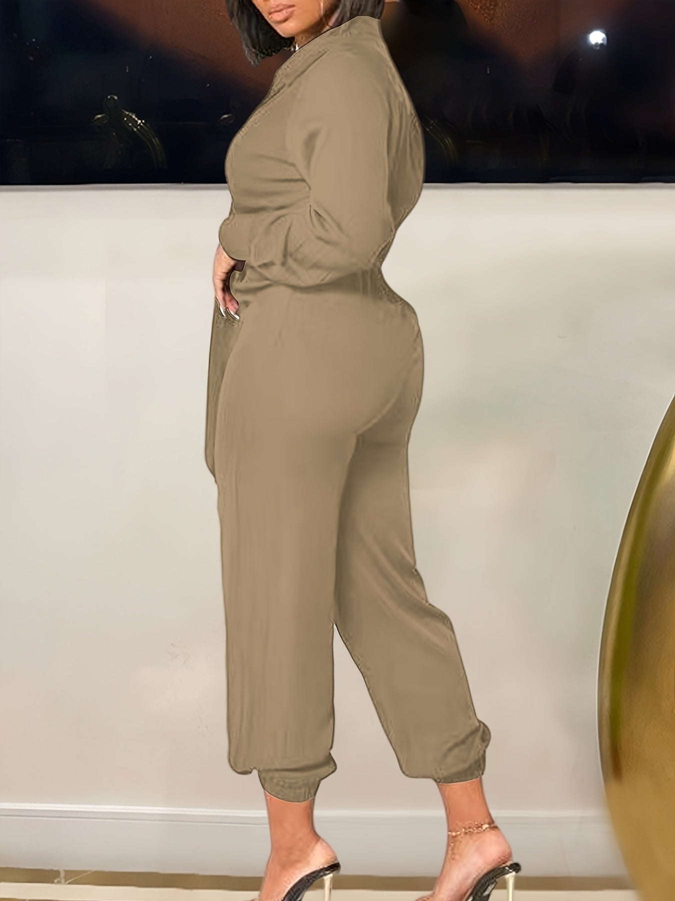 Long Sleeve V Neck Ruched Jumpsuit