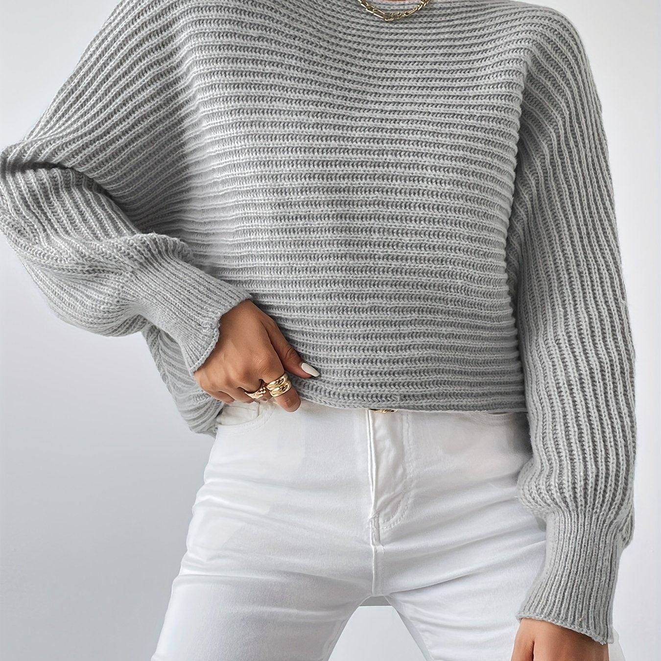 Solid Boat Neck Batwing Sleeve Sweater for Women