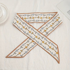 Yellow Floral Print Skinny Scarf Silky Long Ribbon Neckerchief Classic Satin