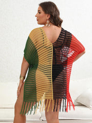 Colorblock Batwing Sleeve Fringe Trim Cover Up