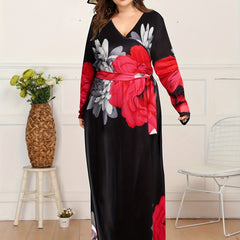 Casual Floral Print V Neck Maxi Dress With Belt
