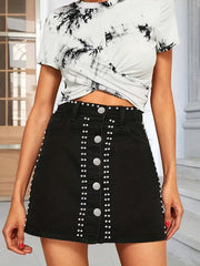 Rivet Decor Denim Skirt High Waist Casual Denim Skirt Women's Clothing