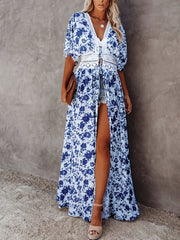 Floral Print Cover Up Shirt with Lace V Neck