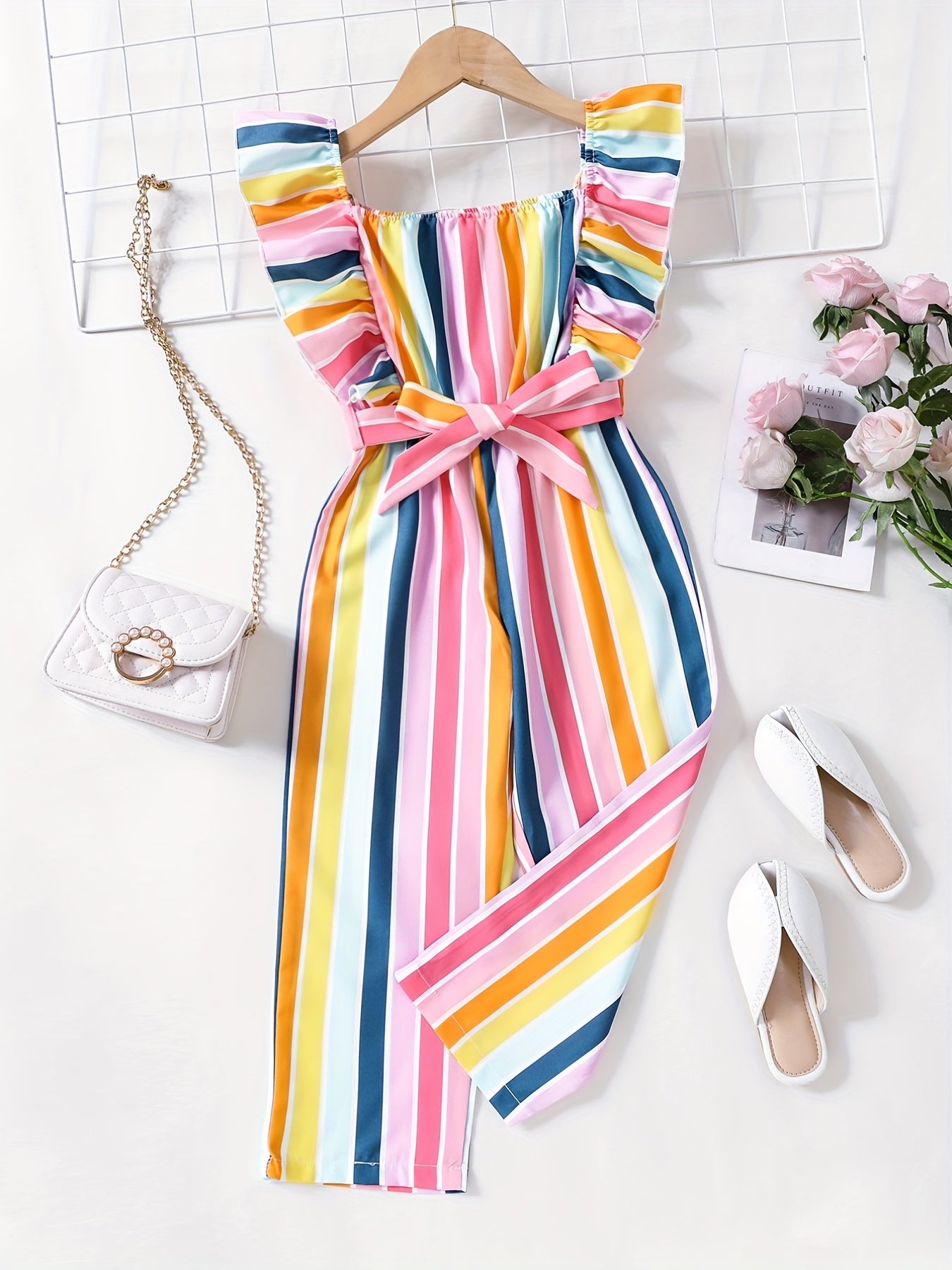 Girls Striped Romper Ruffle Square Neck Jumpsuit With Belt Kids Summer Clothes