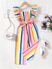 Girls Striped Romper Ruffle Square Neck Jumpsuit With Belt Kids Summer Clothes