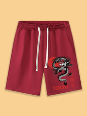 Dragon Print Casual Sportswear Men's Shorts with Pockets