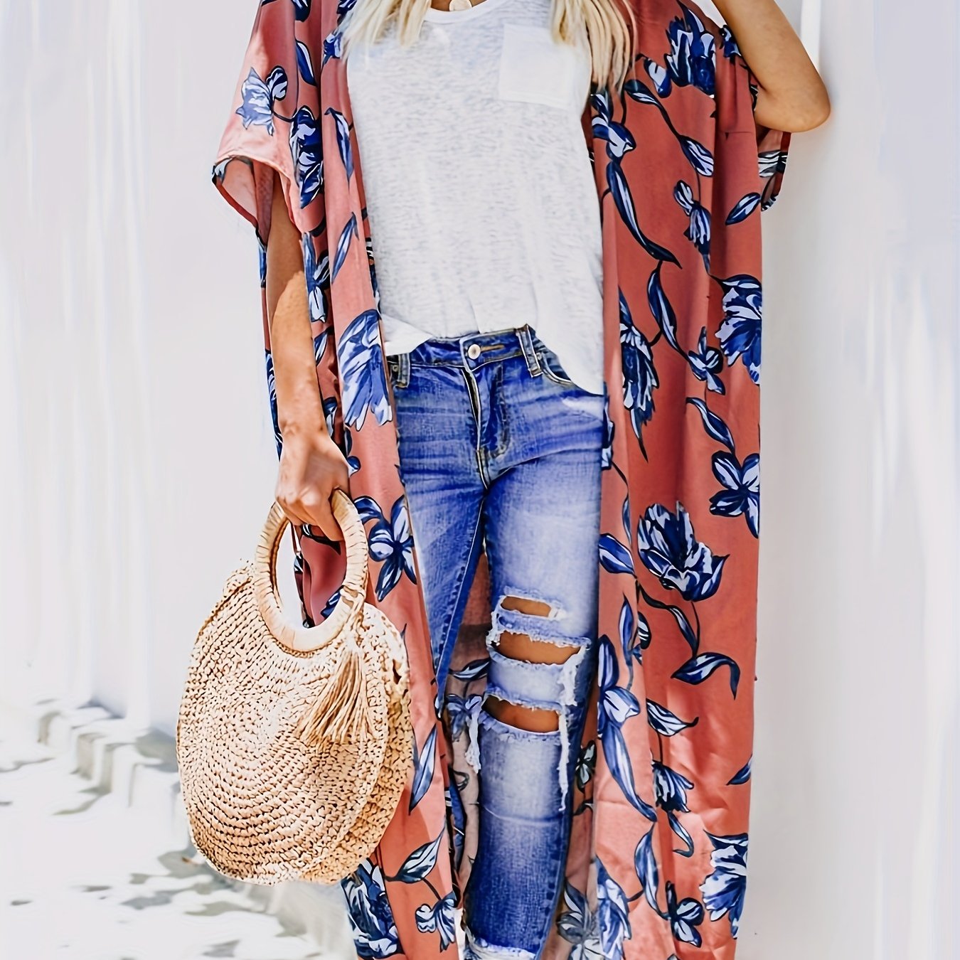 Plant Graphic Cover Up Shirt Loose Fit Non Stretch Beachwear Kimono