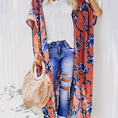 Plant Graphic Cover Up Shirt Loose Fit Non Stretch Beachwear Kimono