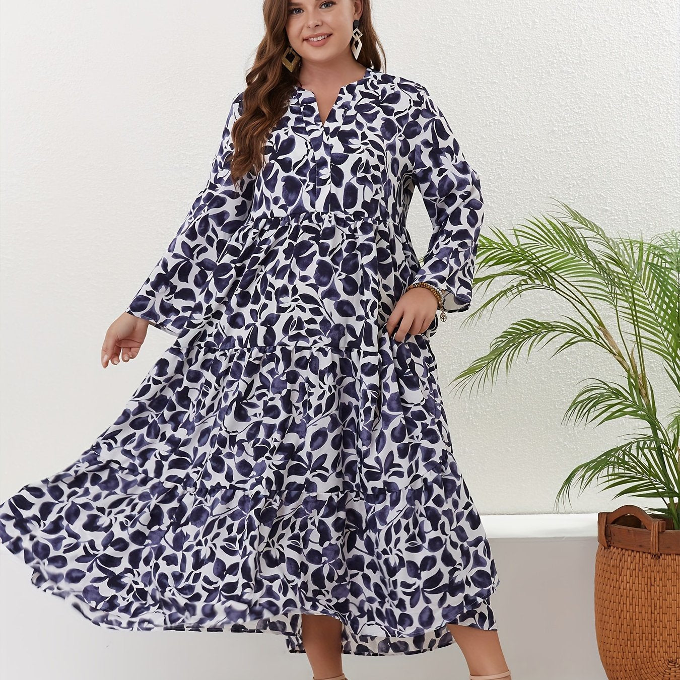 Floral Print Long Sleeve Smock Maxi Dress