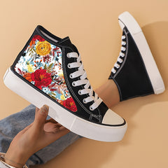 Floral Canvas High Top Shoes for Women Comfortable Lace Up Footwear